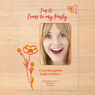 Invitaciones Acrílicas Brillante Feliz Día 16 de la Flor Roja y Amarilla