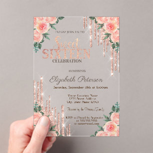 Invitaciones Acrílicas Brillo Gotea Rosa Dorado Floral Dulces 16