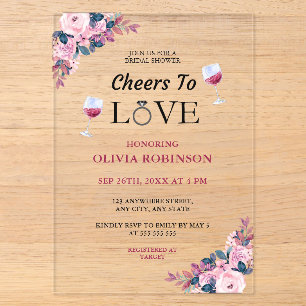 Invitaciones Acrílicas Brindis al Amor Tema de Vino Floral Despedida de S