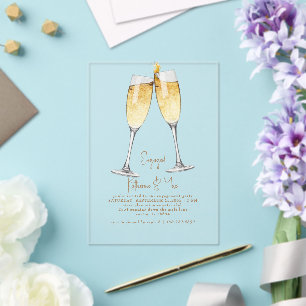 Invitaciones Acrílicas Brindis de champán texto dorado fiesta de compromi