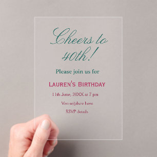 Invitaciones Acrílicas Brindis por cumpleaños 40 nombre fecha elegante az