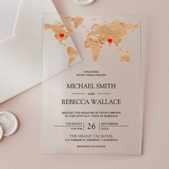 Invitaciones Acrílicas Bronze Marble World Map Traveling Hearts Wedding (Subido por el creador)