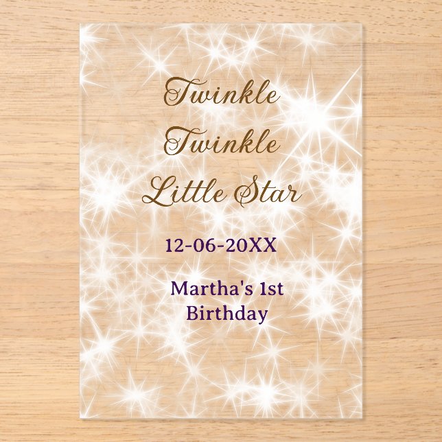 Invitaciones Acrílicas Brown glitter twinkle twinkle little star birthday (Anverso)