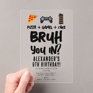 Invitaciones Acrílicas Bruh Boy fiesta de cumpleaños adolescente pizza