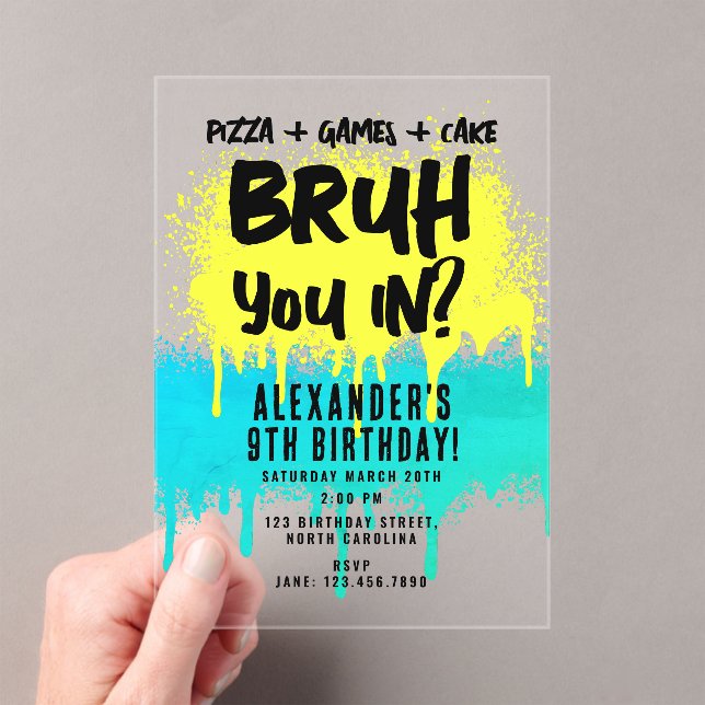 Invitaciones Acrílicas Bruh Boy's Birthday Neon Graffiti amarillo Verde a (Insitu (portátil))