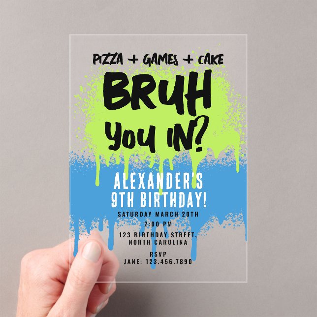 Invitaciones Acrílicas Bruh Boy's Birthday Party Neon Graffiti Green Blue (Insitu (portátil))