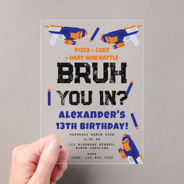 Invitaciones Acrílicas Bruh Boy's Birthday Party Teenager Dart Gun Battle (Insitu (portátil))
