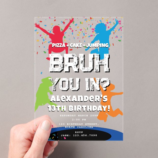 Invitaciones Acrílicas Bruh Boy's Birthday Party Teenager Jump Trampoline (Insitu (portátil))