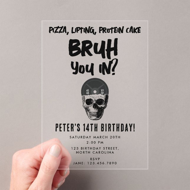 Invitaciones Acrílicas Bruh Boys Teenager Birthday Party Teen Boy Weights (Insitu (portátil))