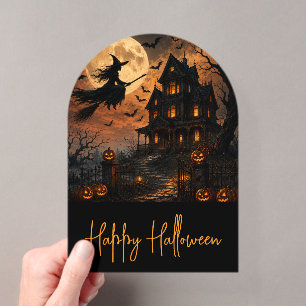 Invitaciones Acrílicas Bruja espeluznante de Halloween volando sobre casa