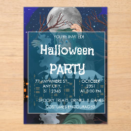 Invitaciones Acrílicas Bruja espeluznante y casa embrujada de Halloween�