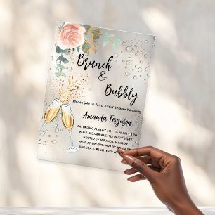 Invitaciones Acrílicas Brunch Bubbly Bridal Shower rosa de oro floral