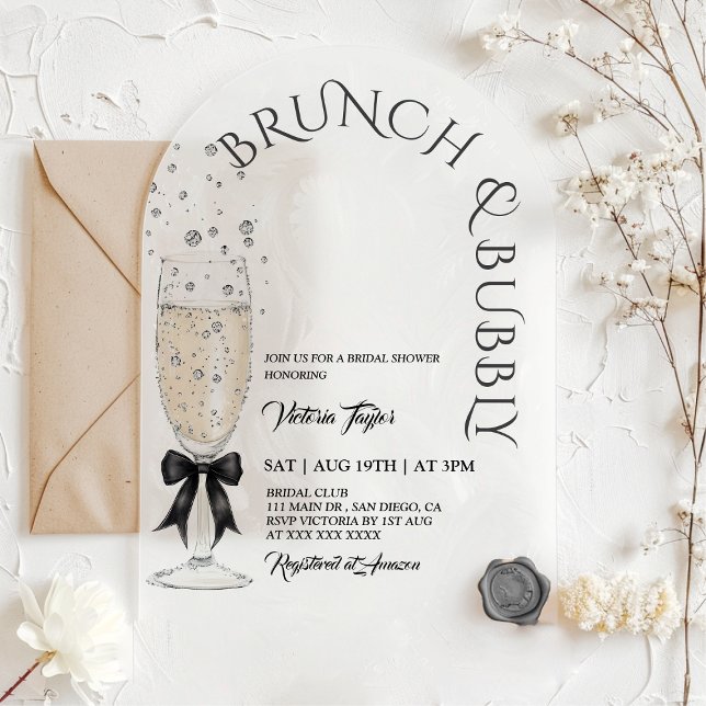 Invitaciones Acrílicas Brunch & Bubbly Prosecco Bow Despedida de soltera (Subido por el creador)