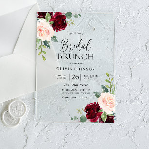 Invitaciones Acrílicas Brunch de ducha de novia con flores de borgoña y R