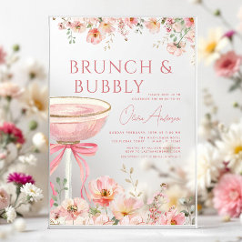 Invitaciones Acrílicas Brunch rosado de vacas y ducha bucal de champán
