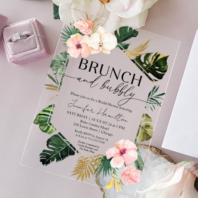 Invitaciones Acrílicas Brunch tropical floral y ducha bucal de novia (Subido por el creador)