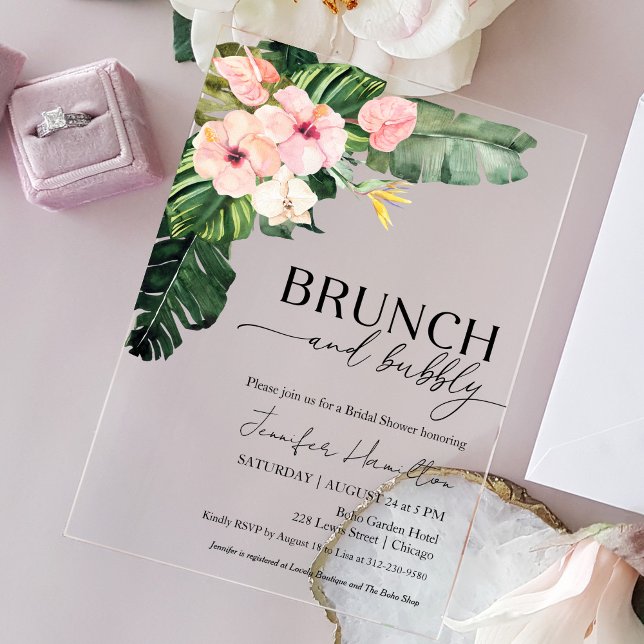 Invitaciones Acrílicas Brunch tropical floral y ducha bucal de novia (Subido por el creador)