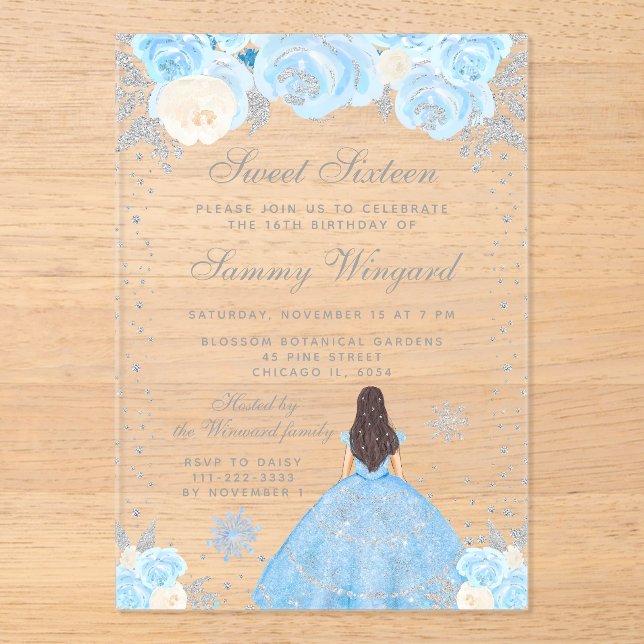 Invitaciones Acrílicas Brunette de Cabello Azul Princesa Cumpleaños Dulce (Anverso)