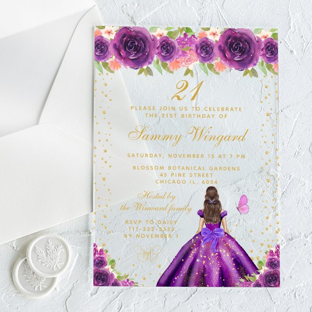 Invitaciones Acrílicas Brunette morada floral Princesa fiesta de cumpleañ (Subido por el creador)