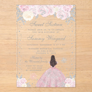 Invitaciones Acrílicas Brunette Pelo Invierno Rosa Princesa Dulces Diecis