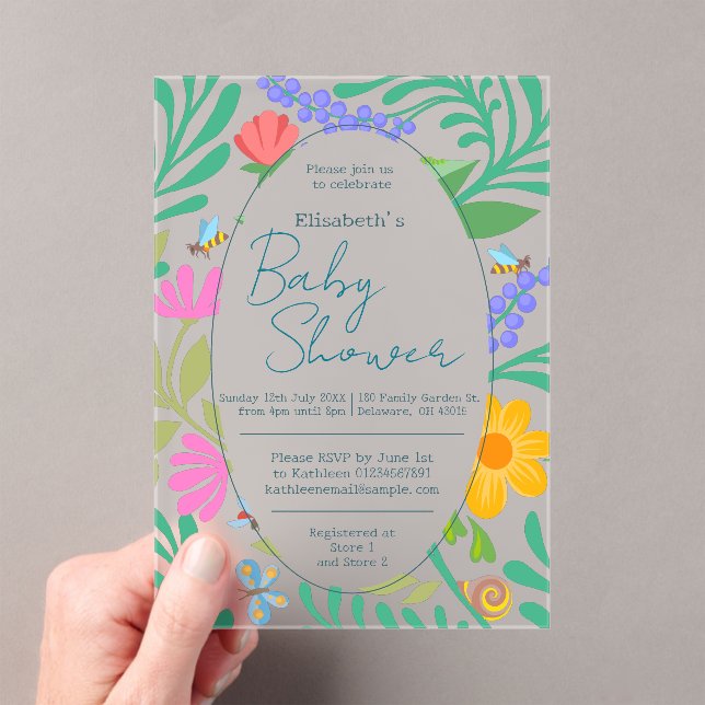 Invitaciones Acrílicas Bugs y flores de verano y primavera Baby Shower (Insitu (portátil))