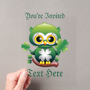 Invitaciones Acrílicas Búho Bebé Lindo Dibujo Animado de San Patricio