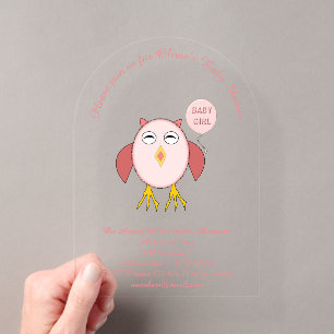 Invitaciones Acrílicas Búho Niña Bebé Rosa Lindo Cumpleaños de Bebé Perso