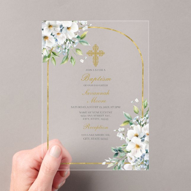 Invitaciones Acrílicas Buqué de flores blancas Bautismo (Insitu (portátil))