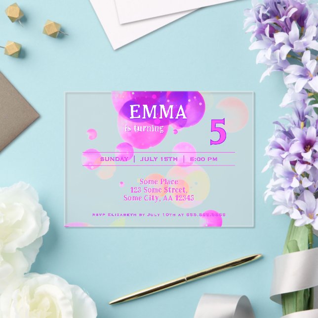 Invitaciones Acrílicas Burbujas rosadas, niños Fiesta de cumpleaños (Insitu (Boda))