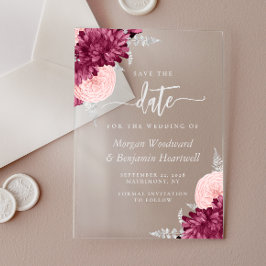 Invitaciones Acrílicas Burgundy Besado Floral Plateado Ahorra la Fecha de