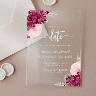 Invitaciones Acrílicas Burgundy Besado Floral Plateado Ahorra la Fecha de