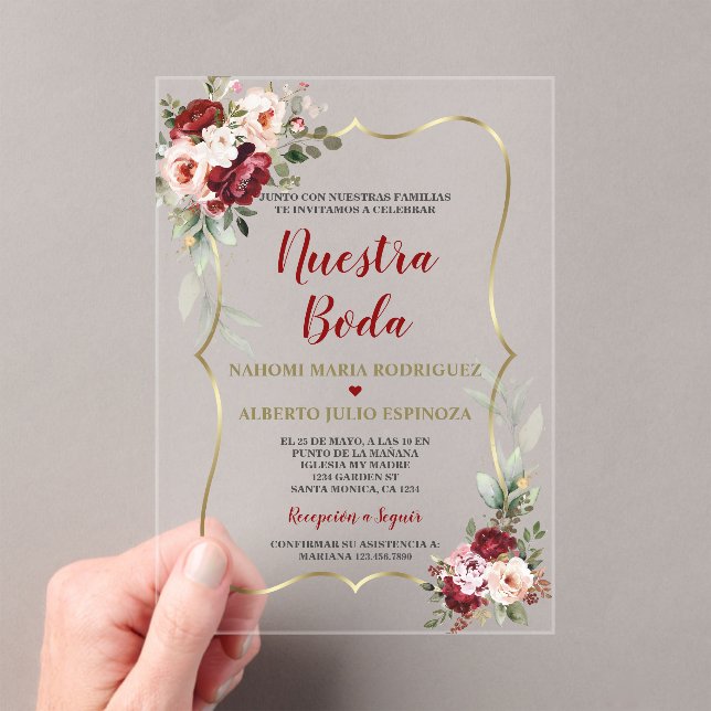 Invitaciones Acrílicas Burgundy Blush Floral Fall Spanish Nuestra Boda  (Insitu (portátil))