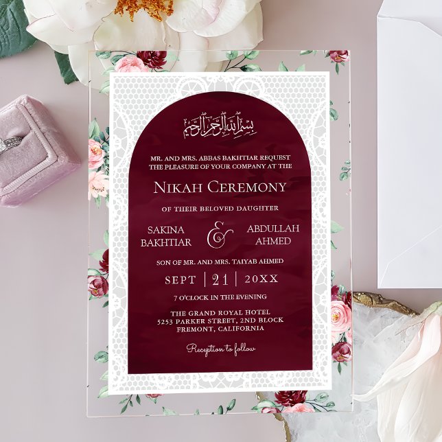 Invitaciones Acrílicas Burgundy Blush Floral White Lace Muslim Wedding (Subido por el creador)
