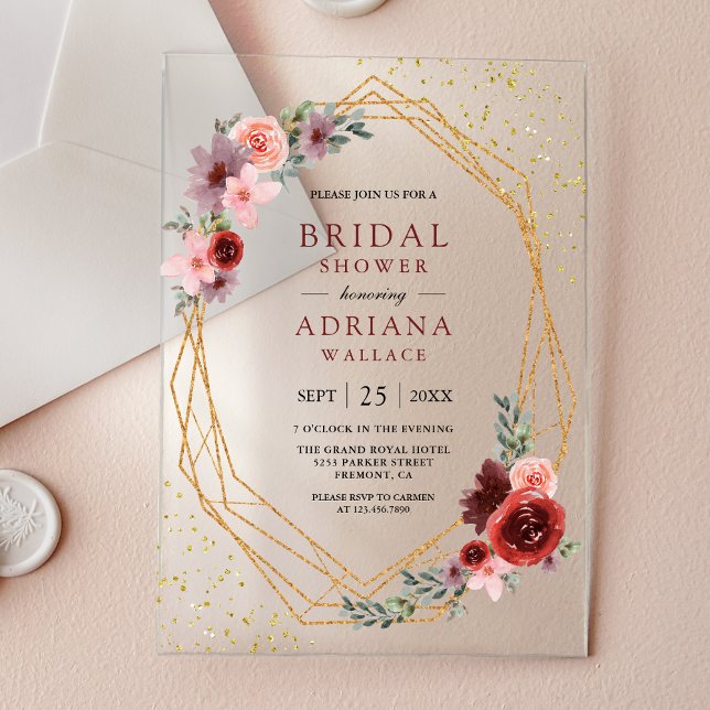 Invitaciones Acrílicas Burgundy Blush Pink Roses Geometric Bridal Shower  (Subido por el creador)