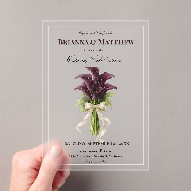 Invitaciones Acrílicas Burgundy Calla Lily Wedding Bouquet Ivory Ribbon  (Insitu (portátil))