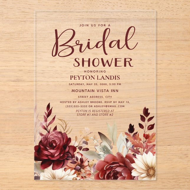 Invitaciones Acrílicas Burgundy Cream Floral Bridal Shower (Anverso)