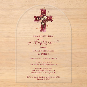 Invitaciones Acrílicas Burgundy Elegant Glitter Floral Cross Baptism