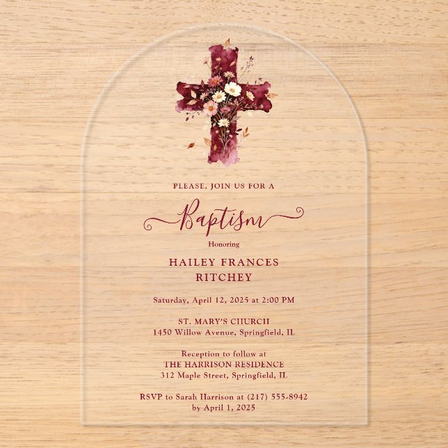 Invitaciones Acrílicas Burgundy Elegant Glitter Floral Cross Baptism (Anverso)