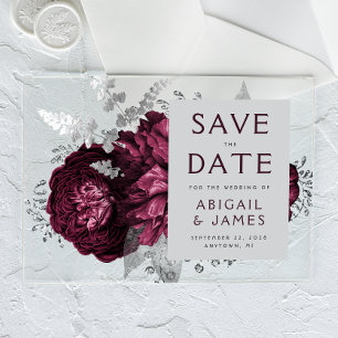 Invitaciones Acrílicas Burgundy Floral Plata Compromiso de Boda Save the