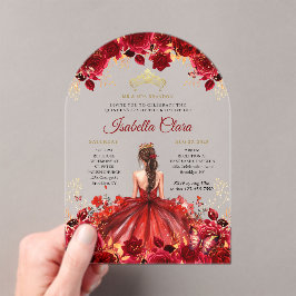 Invitaciones Acrílicas Burgundy Floral Princess Gold Quinceanera