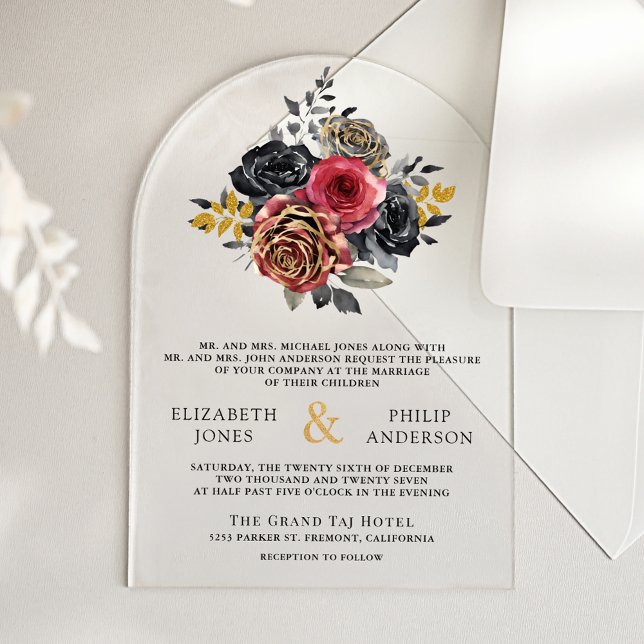 Invitaciones Acrílicas Burgundy Floral Roses Black Wedding (Subido por el creador)