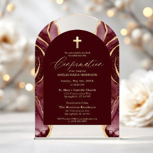 Invitaciones Acrílicas Burgundy Gold Agata Confirmación Moderna Elegante