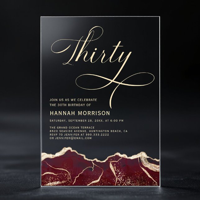 Invitaciones Acrílicas Burgundy Gold Agate 30.ª Fiesta de Cumpleaños (Subido por el creador)
