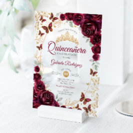 Invitaciones Acrílicas Burgundy Gold Floral Quinceanera