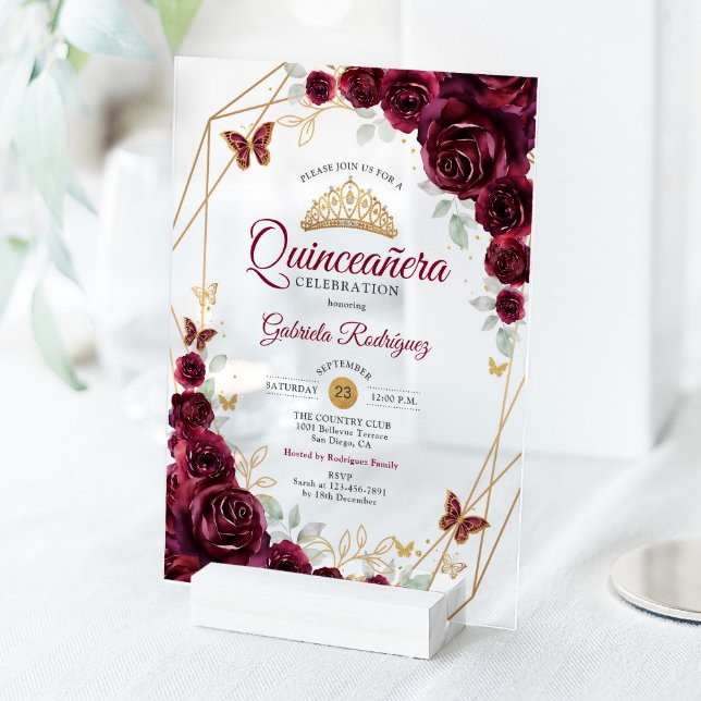 Invitaciones Acrílicas Burgundy Gold Floral Quinceanera (Subido por el creador)
