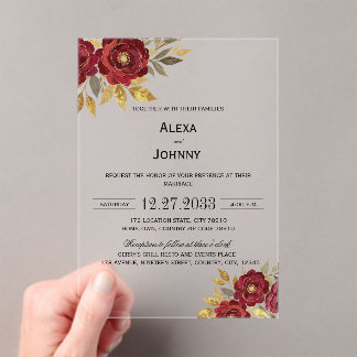 Invitaciones Acrílicas Burgundy Gold Florals Minimalist Elegant Modern