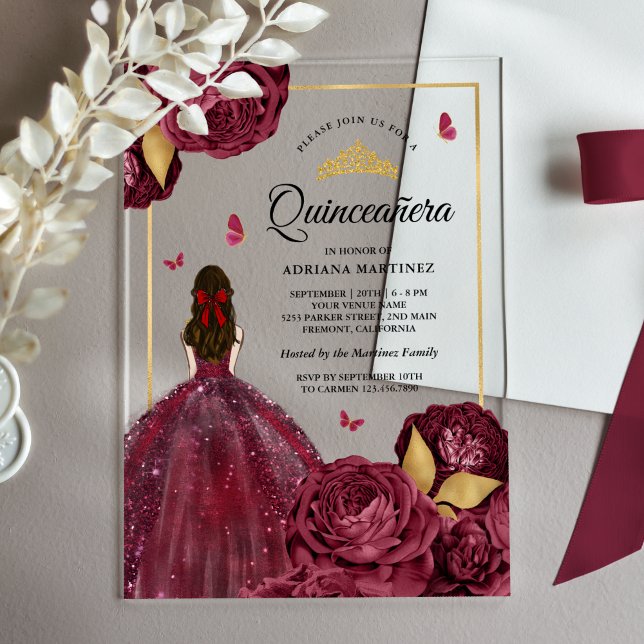 Invitaciones Acrílicas Burgundy Gold Flress Butterfly Quinceanera (Subido por el creador)