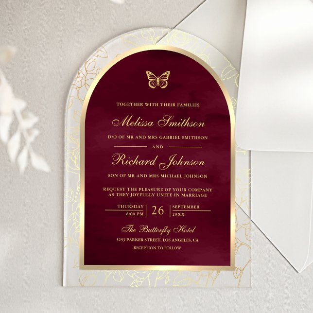 Invitaciones Acrílicas Burgundy Gold Line Art Arch Butterfly Wedding (Subido por el creador)
