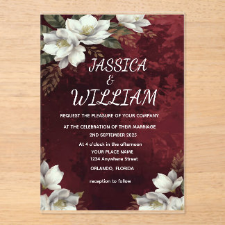 Invitaciones Acrílicas Burgundy & Magnolia Garden Floral Wedding Invitati