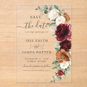 Invitaciones Acrílicas Burgundy Naranja Quemada Floral Boda Guardar la Fe